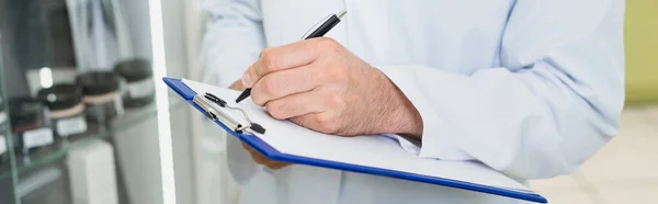 Partial View Pharmacist Writing Clipboard Drugstore Banner — Stock Photo, Image