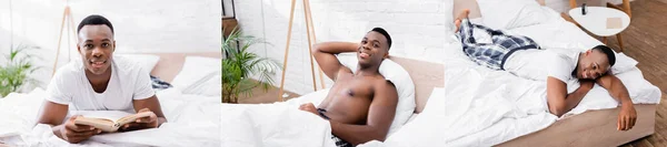 Collage Smiling African American Man Reading Book Relaxing Bed Banner — Stock Photo, Image