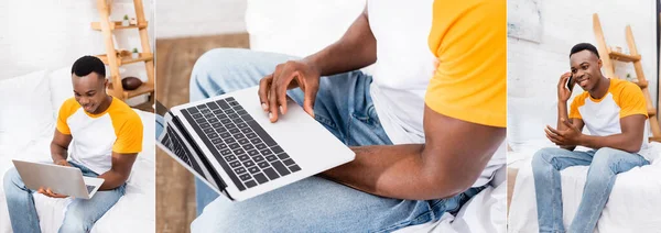 Collage Cheerful African American Man Using Laptop Talking Smartphone Bedroom — Stock Photo, Image