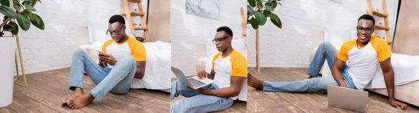 Kolaż Afrykańskiego Freelancera Amerykańskiego Pomocą Laptopa Smartfona Podłodze Sypialni Baner — Zdjęcie stockowe