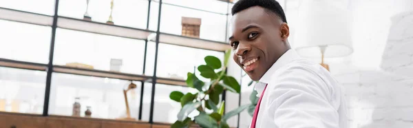 Бічний Вид Афроамериканського Бізнесмена Який Посміхається Вдома Фотоапараті Банер — стокове фото