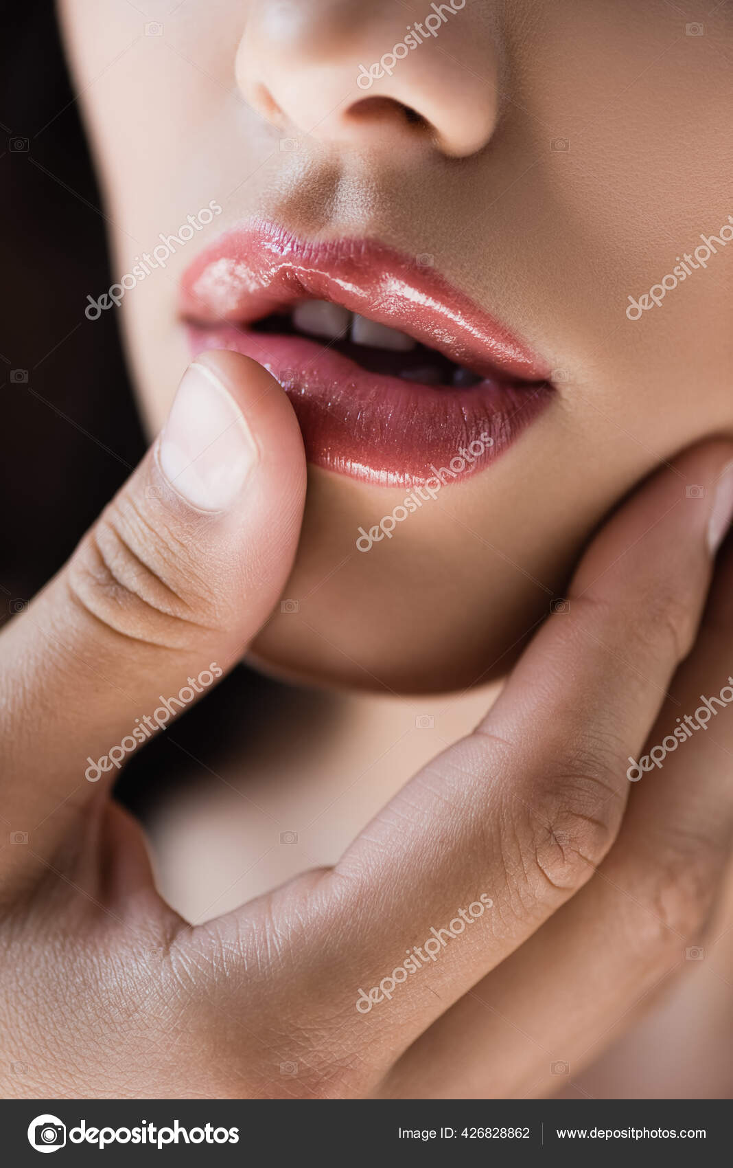 Close View Man Touching Lips Young Woman Isolated Black — Stock Photo © VitalikRadko 426828862