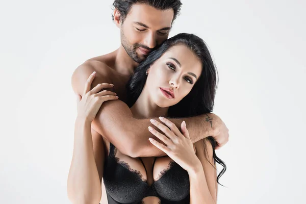 Smiling Man Embracing Sensual Woman Bra Looking Camera Isolated White — Stock Photo, Image