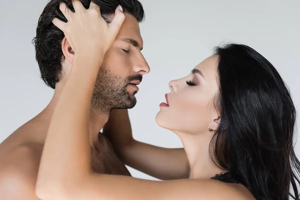 Brunette Woman Touching Head Shirtless Man Isolated Grey — Stock Photo, Image
