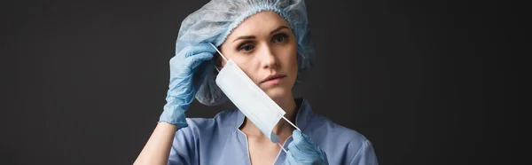 Nurse Medical Cap Wearing Mask Isolated Dark Grey Banner — Stock Photo, Image