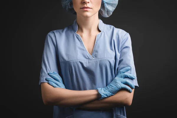 Cropped View Nurse Medical Cap Latex Gloves Standing Crossed Arms — Stock Photo, Image