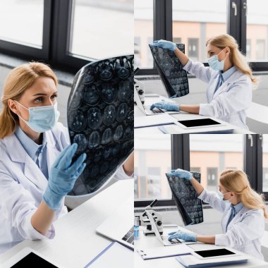 Laptop ve dijital tablet yanında eldiven tutan lateks eldivenli bilim adamı kolajı.