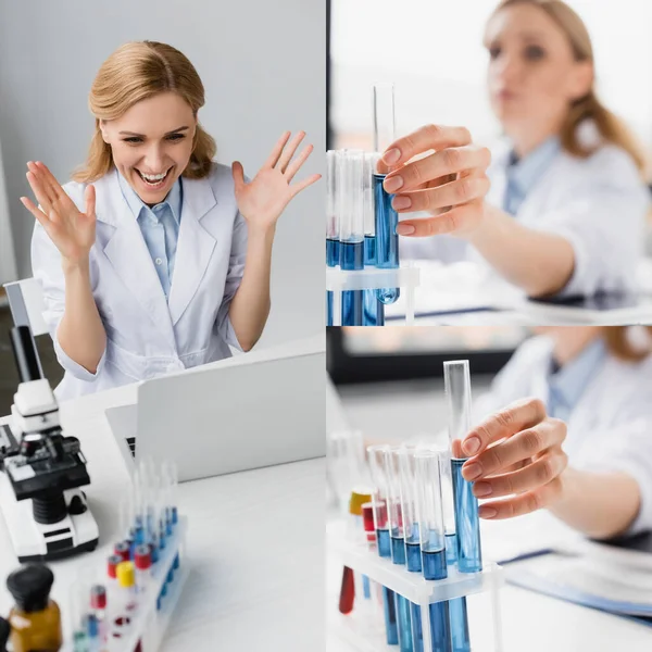 Collage Excited Scientist Looking Laptop Taking Test Tube Sample — Stock Photo, Image