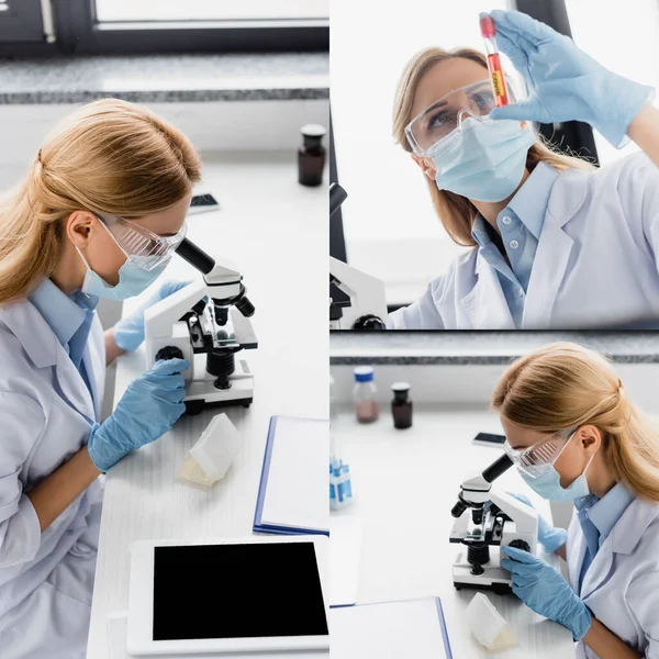 Collage Scientist Latex Gloves Looking Microscope Holding Test Tube Sample — Stock Photo, Image