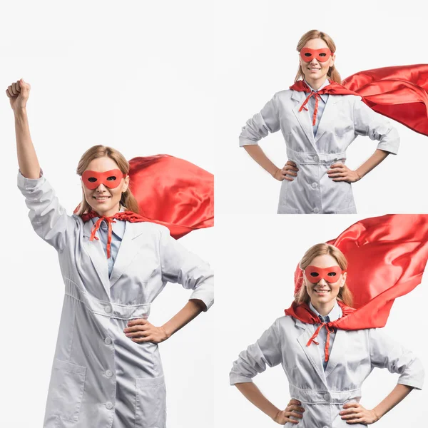 Collage Enfermera Alegre Máscara Roja Capa Superhéroe Posando Aislado Blanco — Foto de Stock