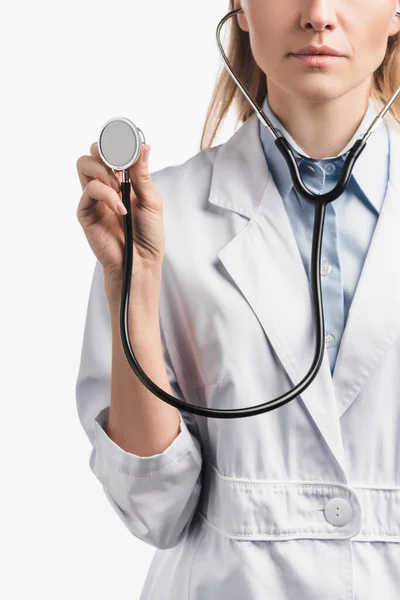 Cropped View Nurse White Coat Holding Stethoscope Isolated White — Stock Photo, Image