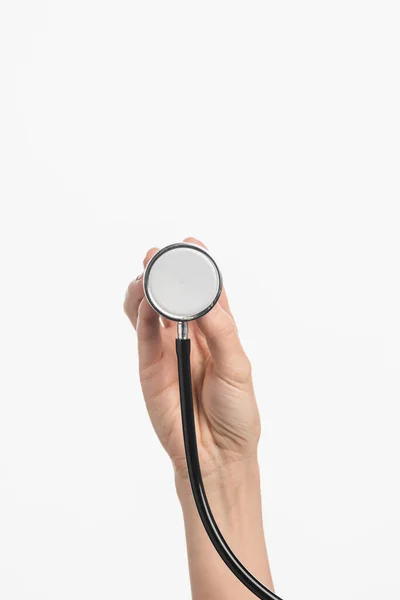 Vue Recadrée Infirmière Tenant Stéthoscope Isolé Sur Blanc — Photo