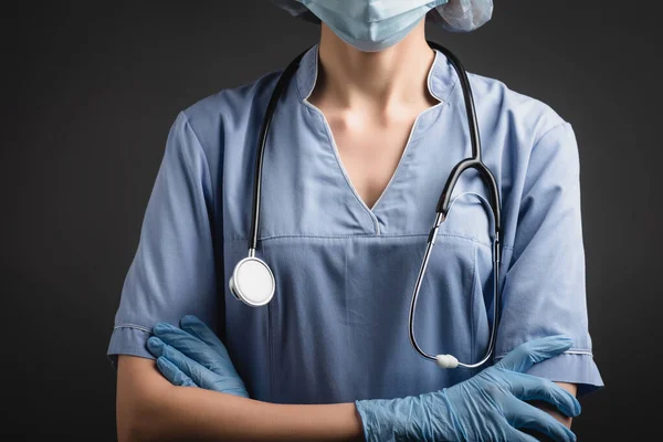 Cropped View Nurse Medical Mask Latex Gloves Standing Crossed Arms — Stock Photo, Image