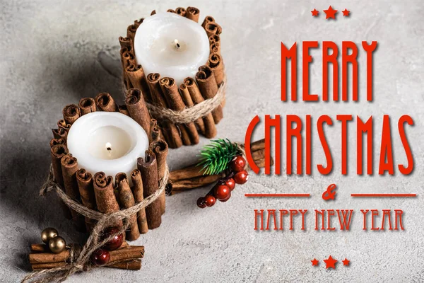 Scented Candles Decorated Cinnamon Sticks Merry Christmas Happy New Year — Stock Photo, Image