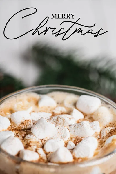 Close View Glass Cup Cocoa Marshmallows Cinnamon Merry Christmas Lettering — Stock Photo, Image