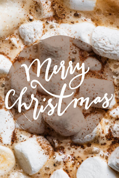 Close up view of cocoa, marshmallows and cinnamon with merry christmas lettering 