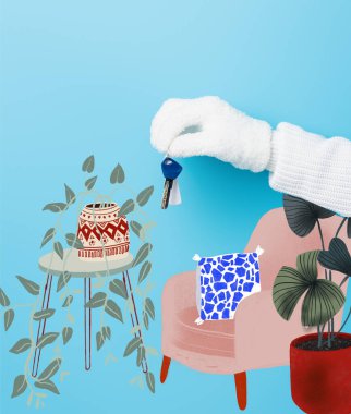 cropped view of woman in white glove holding key near armchair and plants illustration on blue clipart