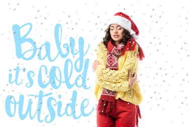 young freezing woman in santa hat and scarf standing near baby its cold outside lettering on white  clipart