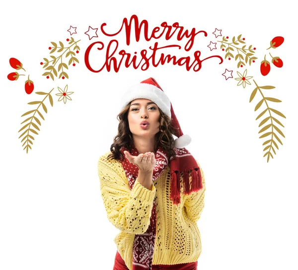 Junge Frau Mit Weihnachtsmütze Und Schal Sendet Luftkuss Der Nähe — Stockfoto