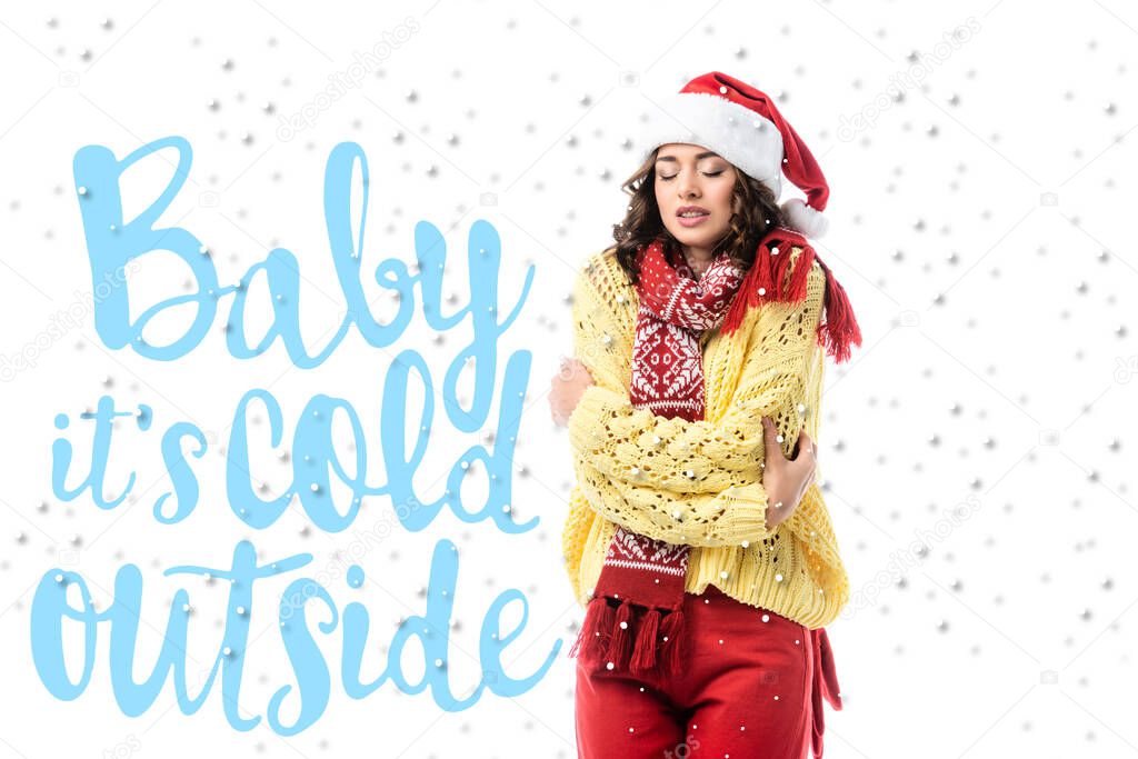 young freezing woman in santa hat and scarf standing near baby its cold outside lettering on white 