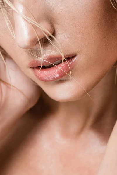 Cropped View Young Woman Shiny Lips — Stock Photo, Image