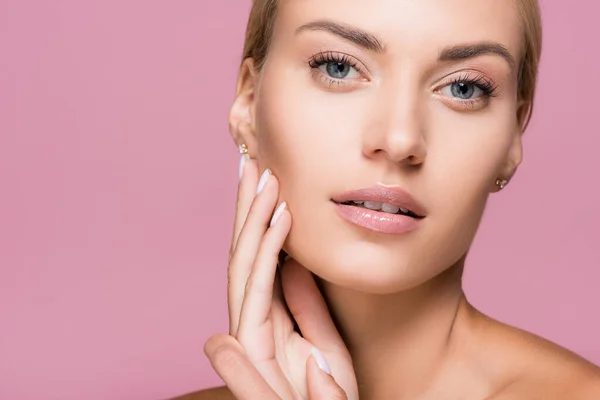 Beautiful Blonde Woman Perfect Skin Touching Face Isolated Pink — Stock Photo, Image