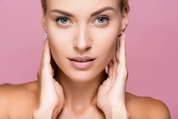 Beautiful Blonde Woman Perfect Skin Touching Face Isolated Pink — Stock Photo, Image
