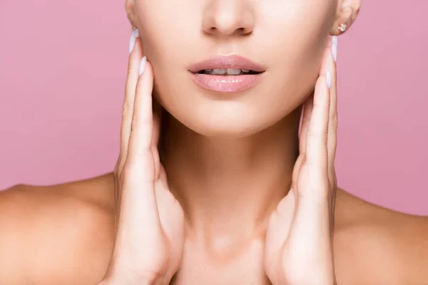 Cropped View Beautiful Woman Perfect Skin Touching Face Isolated Pink — Stock Photo, Image