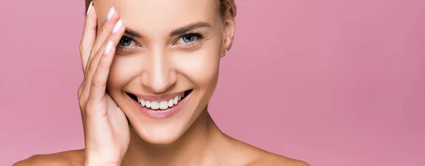 Smiling Beautiful Blonde Woman Perfect Skin Isolated Pink Banner — Stock Photo, Image