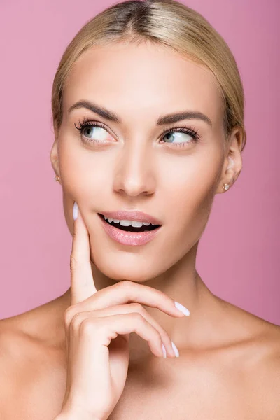 Dreamy Beautiful Blonde Woman Perfect Skin Isolated Pink — Stock Photo, Image
