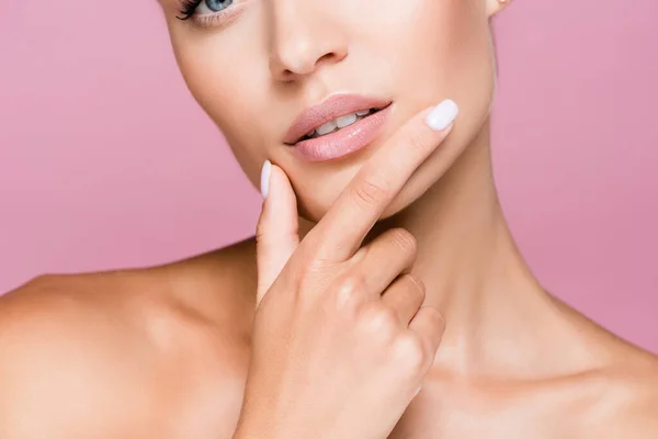 Cropped View Beautiful Blonde Woman Perfect Skin Touching Face Isolated — Stock Photo, Image