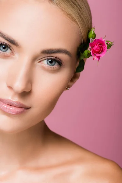 Beautiful Blonde Woman Perfect Skin Rose Flower Hair Isolated Pink — Stock Photo, Image