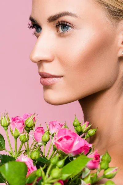 Beautiful Blonde Woman Rose Bouquet Isolated Pink — Stock Photo, Image