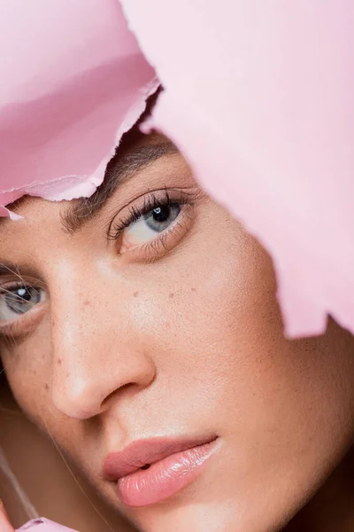 Beautiful Woman Freckles Pink Paper Hole — Stock Photo, Image