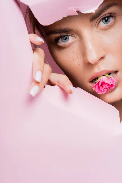 Bela Mulher Com Rosa Boca Buraco Papel Rosa — Fotografia de Stock