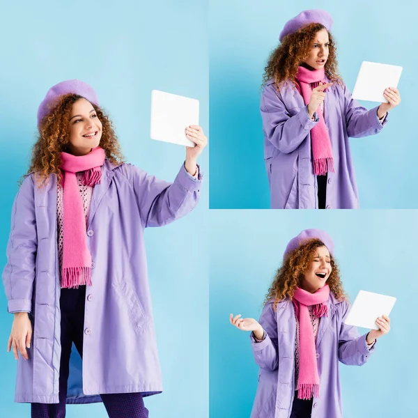 Collage Curly Young Woman Winter Coat Having Video Call Digital — Stock Photo, Image