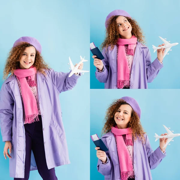 Collage Cheerful Young Woman Winter Coat Beret Holding Passport Toy — Stock Photo, Image