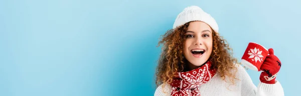 Excited Young Woman Hat Sweater Holding Cup Knitted Holder Blue — Stock Photo, Image