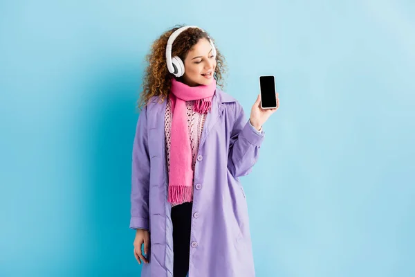 Happy Young Woman Wireless Headphones Winter Coat Pink Knitted Scarf — Stock Photo, Image