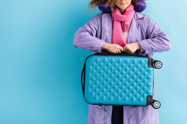 Cropped View Young Woman Coat Scarf Holding Suitcase Blue — Stock Photo, Image