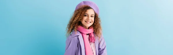 Cheerful Woman Beret Scarf Coat Smiling Blue Banner — Stock Photo, Image