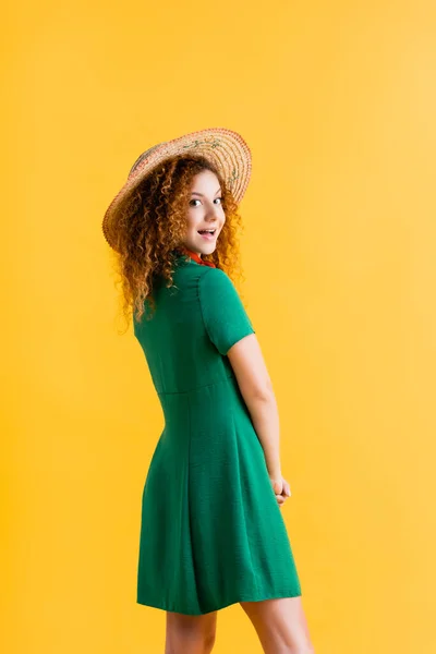 Cheerful Young Woman Straw Hat Green Dress Isolated Yellow — Stock Photo, Image