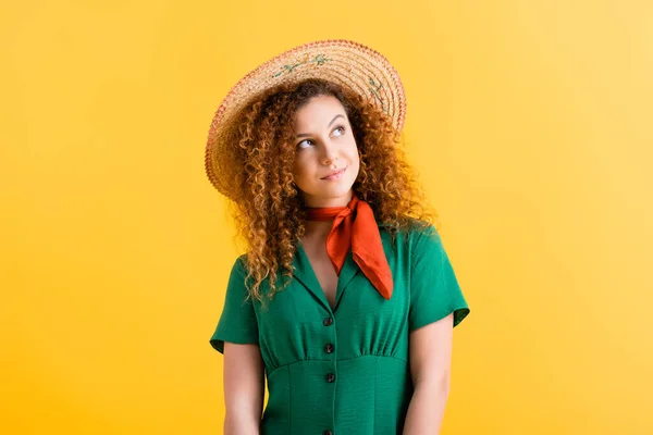 Pensive Young Woman Green Dress Straw Hat Looking Away Yellow — Stock Photo, Image