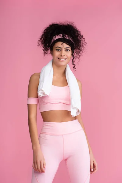 Happy Young Sportswoman Towel Shoulders Standing Isolated Pink — Stock Photo, Image