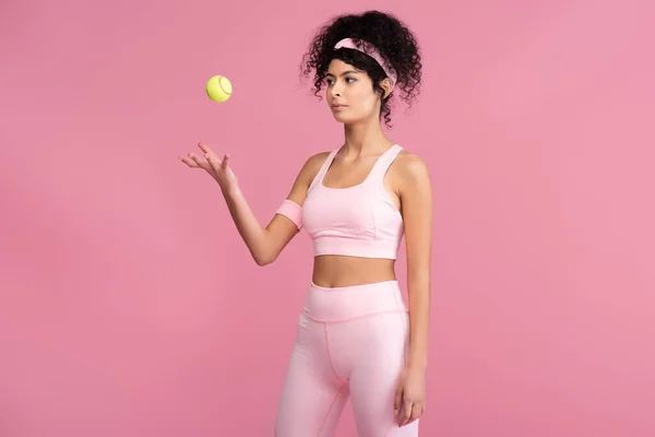 Young Sportive Woman Throwing Tennis Ball Air Isolated Pink — Stock Photo, Image