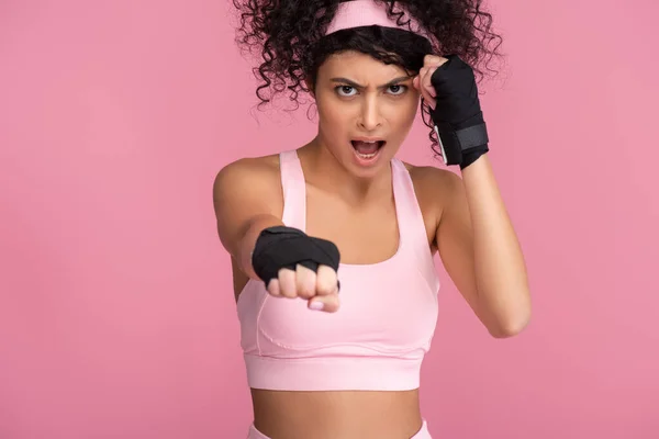 Curly Young Woman Sportswear Bondage Hands Screaming While Exercising Isolated — Stock Photo, Image