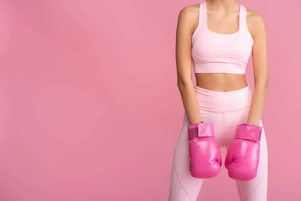 Vista Parcial Deportista Ropa Deportiva Guantes Boxeo Pie Aislado Rosa — Foto de Stock