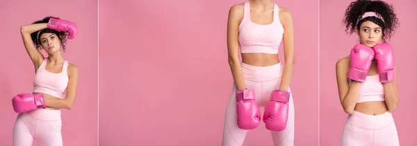 Koláž Kudrnaté Mladé Ženy Sportovním Oblečení Boxerských Rukavicích Izolovaných Růžové — Stock fotografie