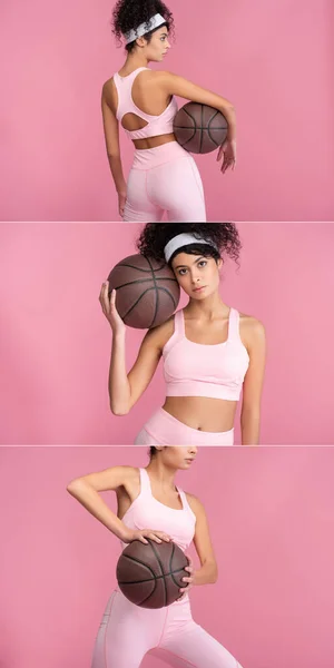 Collage Lockigt Ung Kvinna Som Håller Basket Rosa — Stockfoto