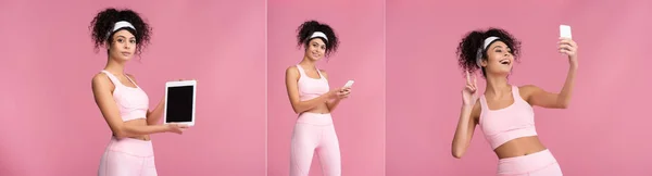 Collage Happy Sportswoman Using Gadgets Isolated Pink — Stock Photo, Image